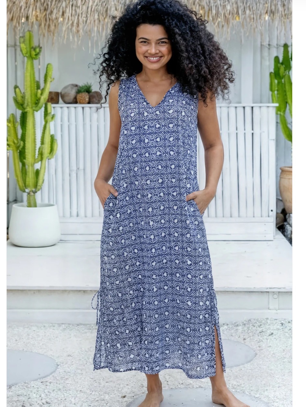 West Indies Wear 100% Cotton Blue Turtle Print Maxi Dress